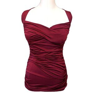 Vintage Y2K Ruched Mini Dress Sweetheart Burgundy Magenta Bodycon Party Sz S